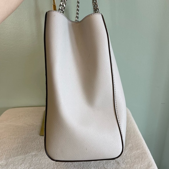 MICHAEL KORS MK Womens Shoulder Tote Bag Chain Strap Pebbled Leather Taupe - Picture 8 of 13